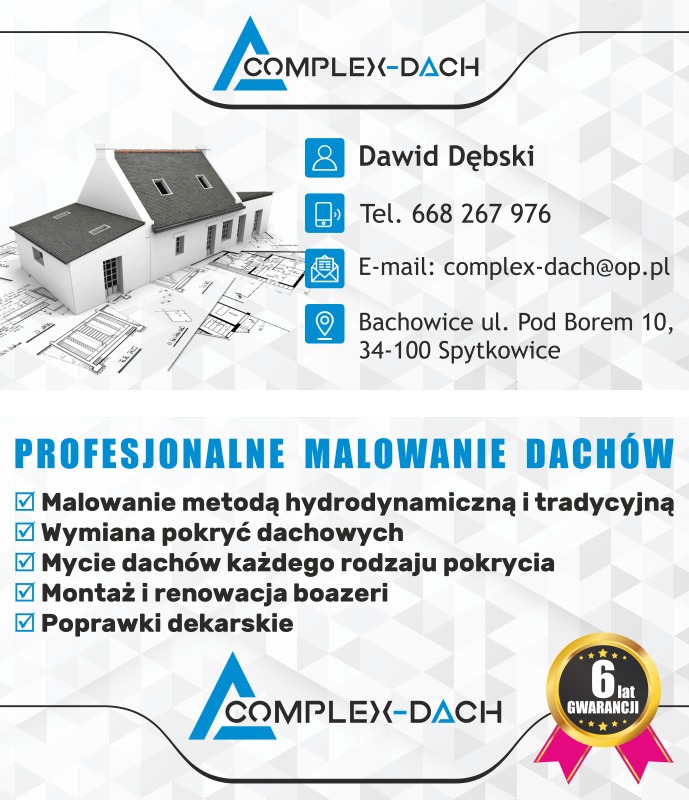 Wizytówka firmy dekarskiej Complex-Dach z adresem, numerem telefonu, adresem e-mail, logo firmy, modelem domu na planach architektonicznych oraz listą usług: malowanie, wymiana pokryć, mycie...