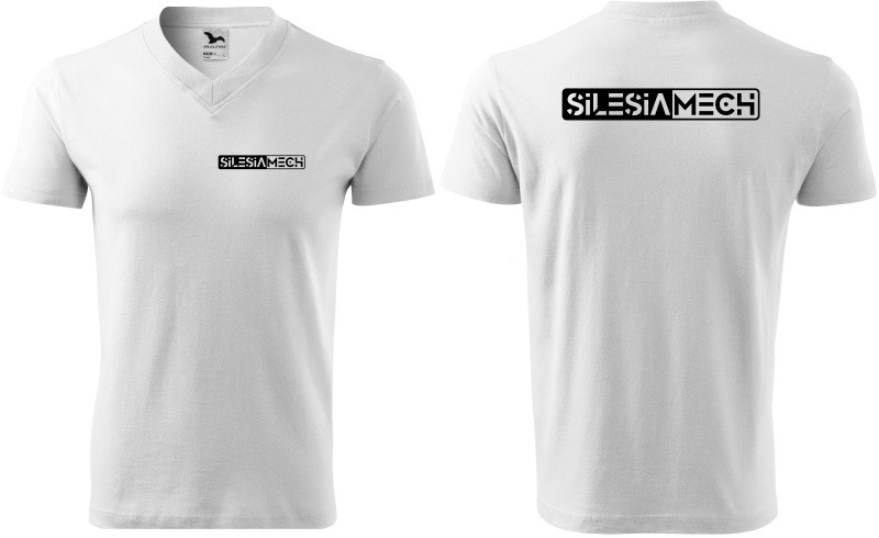 Dwa ujęcia białej koszulki z krótkim rękawem i dekoltem w serek, z czarnym nadrukiem logo 'SILESIA MECH' z przodu i na plecach.