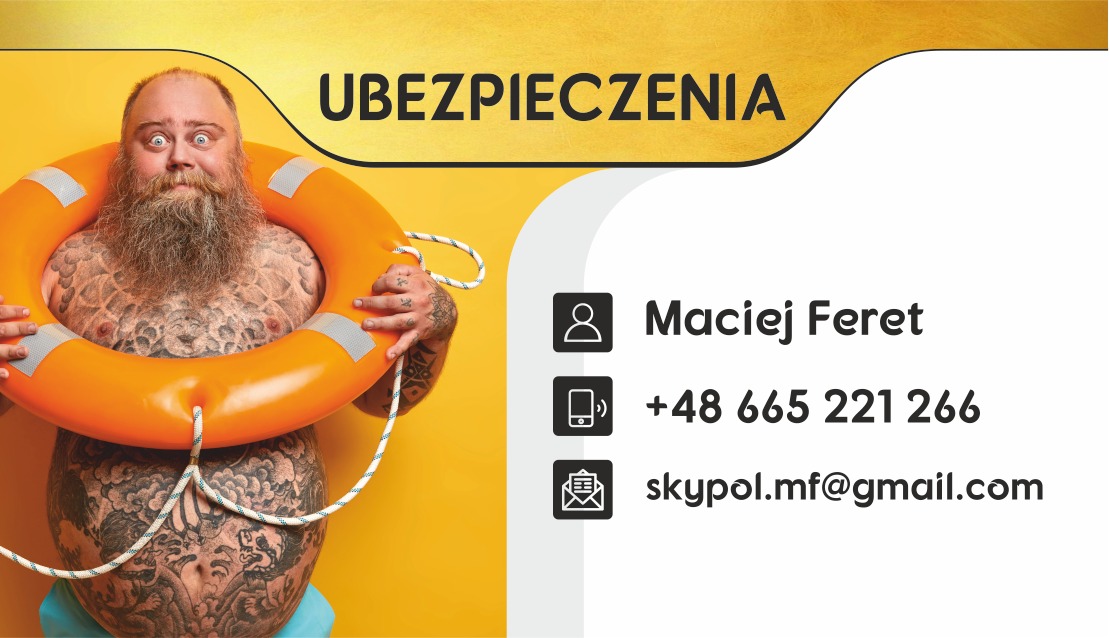 Mężczyzna z brodą i tatuażami, trzymający pomarańczowe koło ratunkowe na żółtym tle, obok danych kontaktowych i napisu 'UBEZPIECZENIA'.