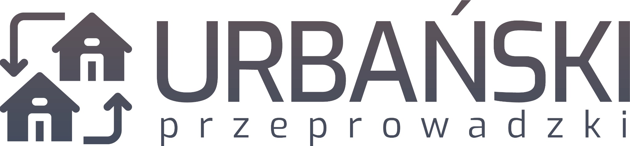 Logo firmy 'Urbański przeprowadzki' z dwoma domami, jeden z strzałką w dół, drugi z strzałką w górę, symbolizujące zmianę miejsca zamieszkania.