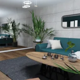 Wizualizacja salonu z turkusową sofą, drewnianym stolikiem kawowym z szklanymi dekoracjami i roślinami doniczkowymi, odbicie w lustrze powiększa przestrzeń.