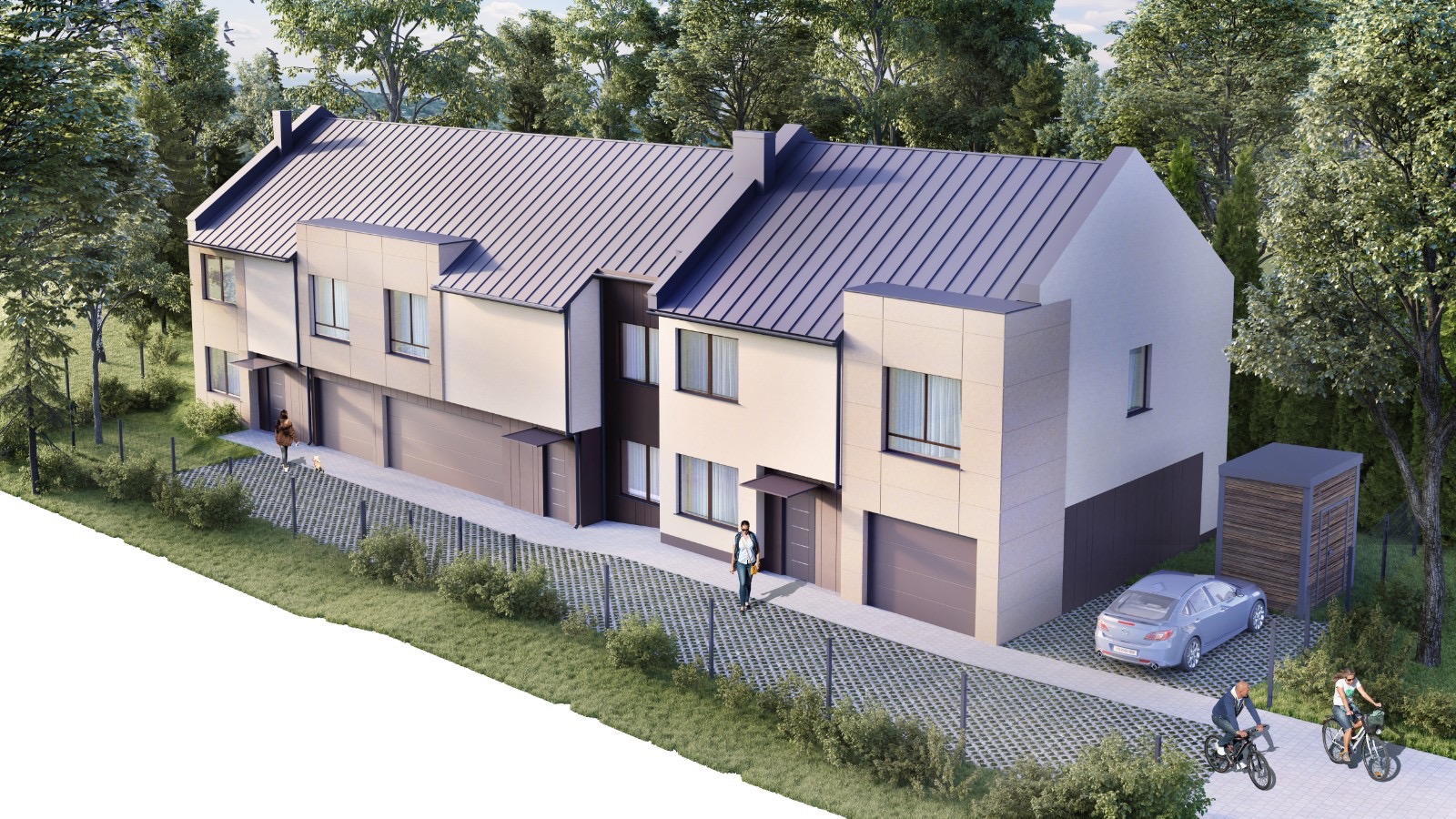 Wizualizacja szeregu nowoczesnych domów jednorodzinnych z garażami, otoczonych zielenią, z osobami spacerującymi i jeżdżącymi na rowerach.