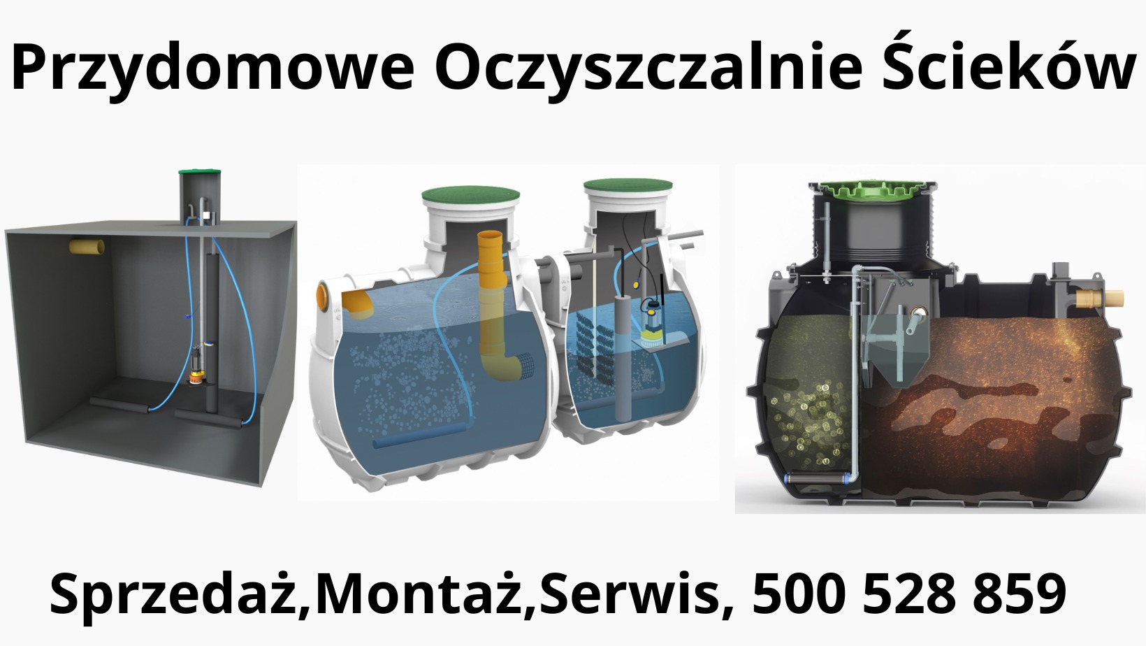 Grafika przedstawia przekroje różnych przydomowych oczyszczalni ścieków, ukazujące ich wewnętrzną konstrukcję i zasadę działania. Na dole widoczny napis: Sprzedaż, Montaż, Serwis, numer telefonu.