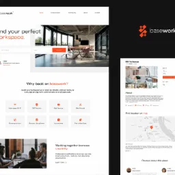 Strona internetowa z ofertą wynajmu przestrzeni biurowej. Widoczny nagłówek, wyszukiwarka lokalizacji, zdjęcia biur i informacje o udogodnieniach. Minimalistyczny design.