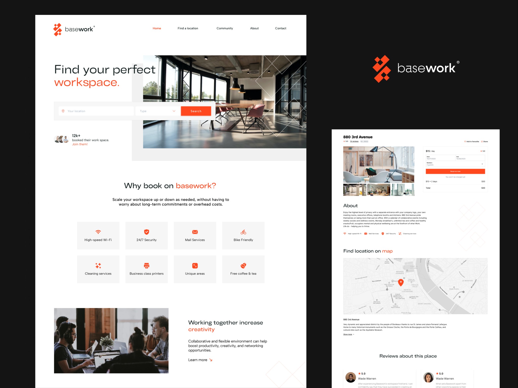 Strona internetowa z ofertą wynajmu przestrzeni biurowej. Widoczny nagłówek, wyszukiwarka lokalizacji, zdjęcia biur i informacje o udogodnieniach. Minimalistyczny design.