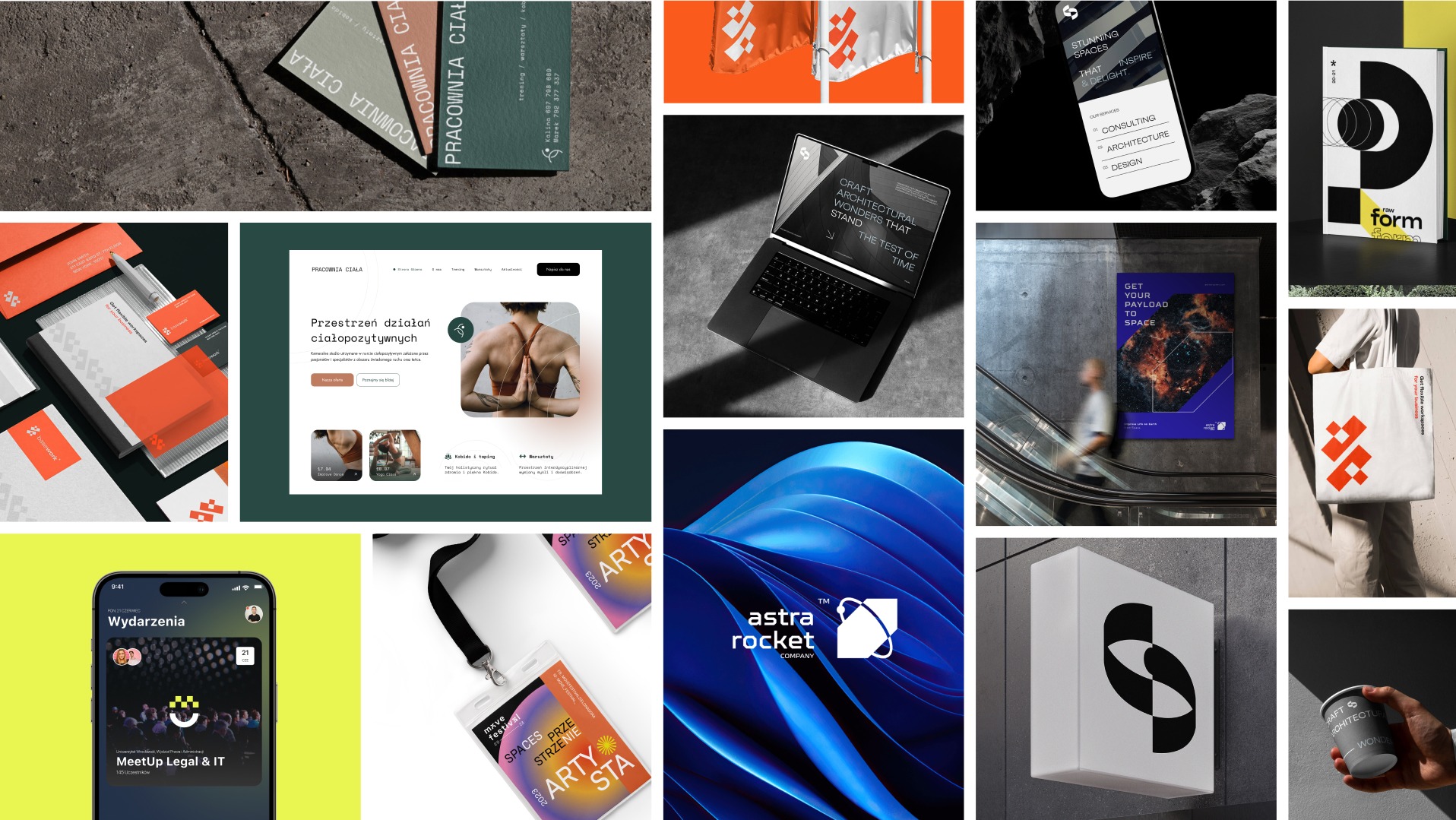 Zestawienie różnorodnych projektów graficznych: identyfikacja wizualna, strony www, plakaty, materiały eventowe. Minimalistyczny design, nowoczesna typografia, stonowana kolorystyka.