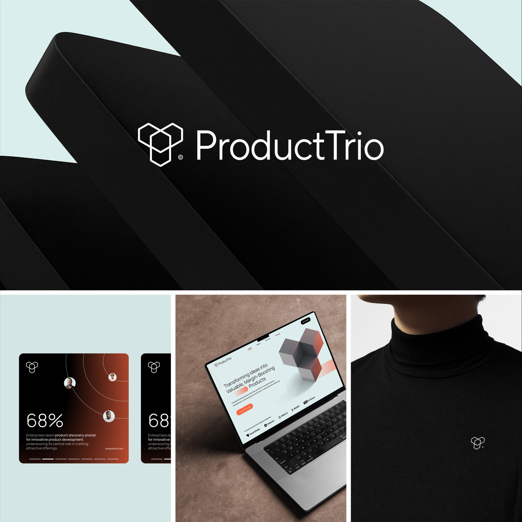 Prezentacja wizualna marki ProductTrio: logo na tle, statystyki na smartfonach, strona www na laptopie i logo na czarnym golfie.