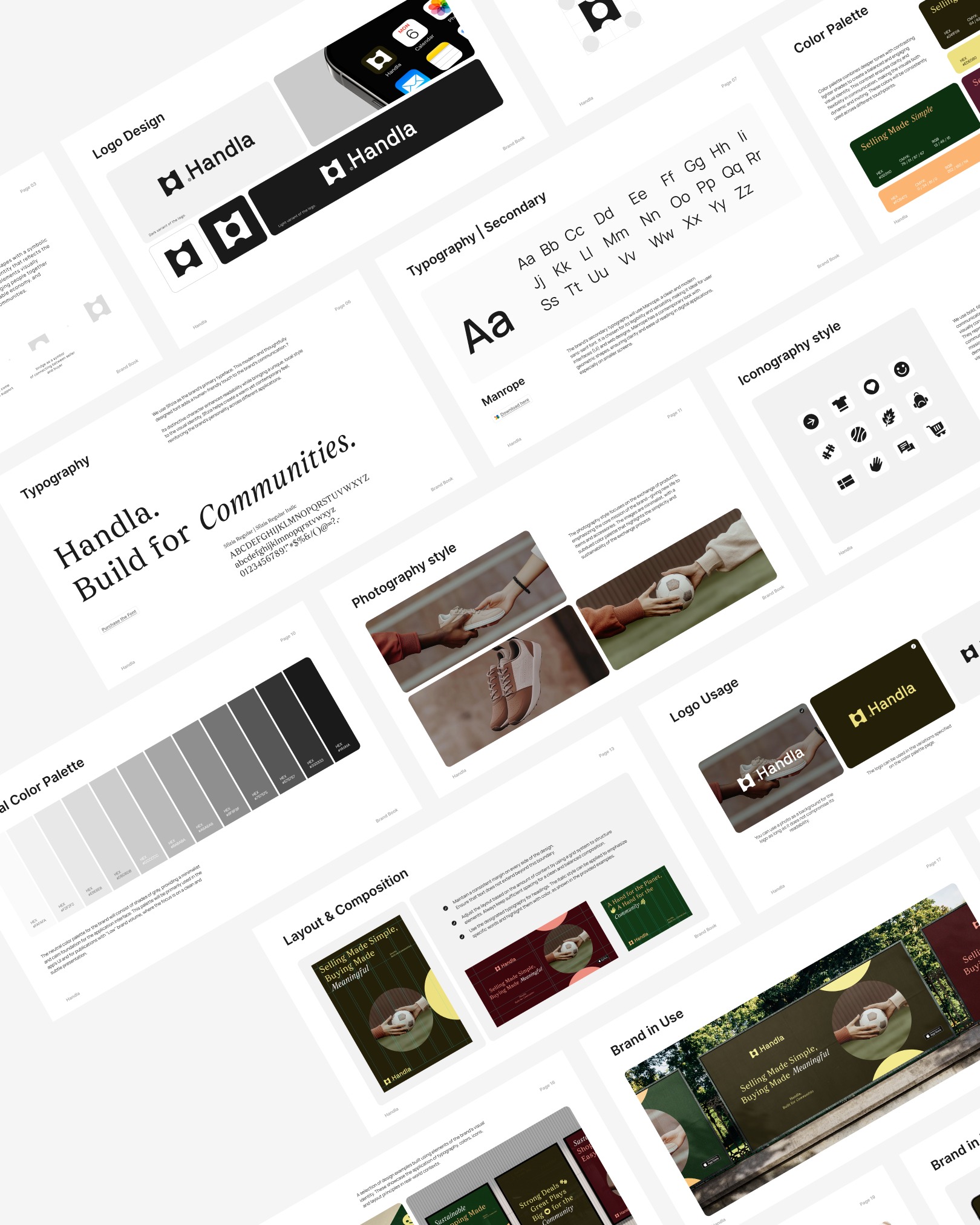 Prezentacja brand booka marki Handla: logo, typografia, paleta kolorów, ikony, styl fotografii i przykłady użycia w materiałach marketingowych. Układ strony i kompozycja.