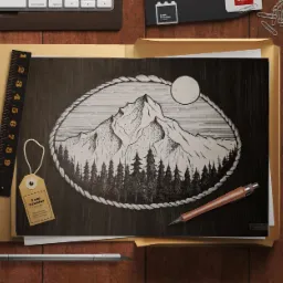 Ręcznie rysowany krajobraz górski w owalnej ramie z liny, leżący na biurku z przyborami kreślarskimi, takimi jak ołówek, linijka, nożyk i notatnik.