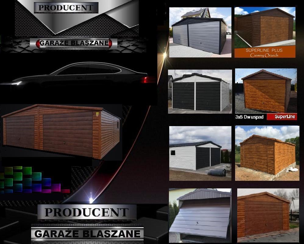 Kompozycja zdjęć prezentująca różne modele konstrukcji z blachy, w tym dwustanowiskowy garaż z brązowymi drzwiami segmentowymi, pojedyncze garaże w odcieniach szarości i brązu, niektóre...