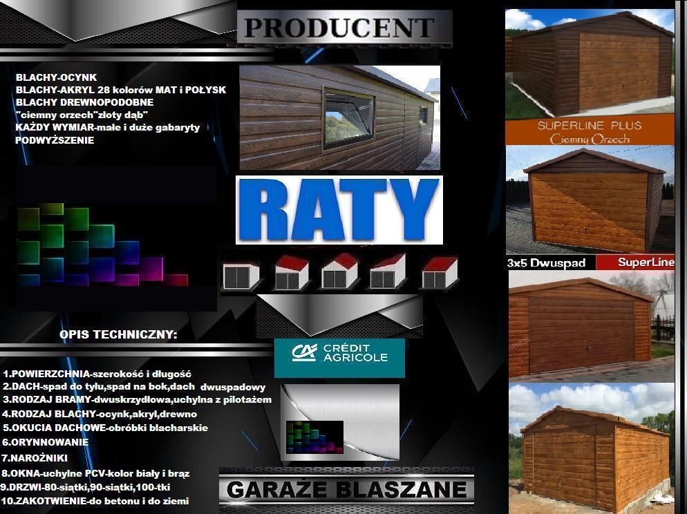 Kompozycja graficzna prezentująca ofertę producenta konstrukcji blaszanych: wizualizacje różnych wariantów wykończenia, opis techniczny, informacje o finansowaniu ratalnym i możliwość dopasowania...