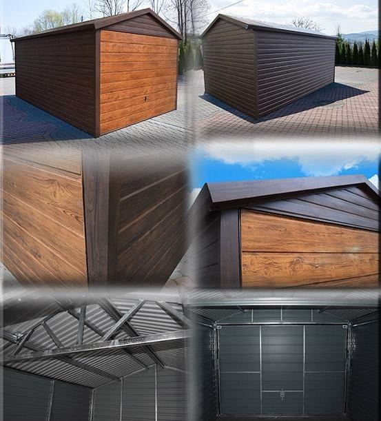 Kompozycja zdjęć prezentująca detale dwóch blaszanych konstrukcji o drewnopodobnym wykończeniu z zewnątrz i metalową konstrukcją wewnątrz, ukazująca różne kąty i elementy konstrukcyjne.