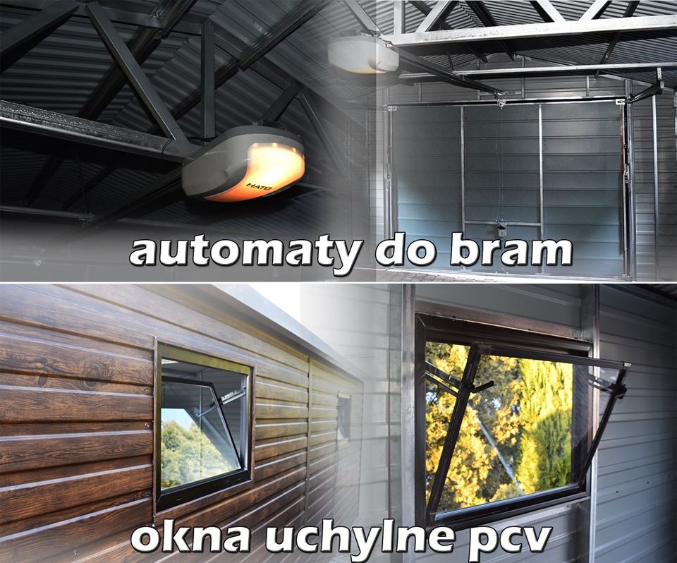 Wnętrze garażu z zamontowanym automatem do bram i uchylnym oknem PCV z widokiem na zieleń.