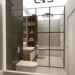 Wizualizacja nowoczesnej łazienki z marmurowymi ścianami, kabiną prysznicową typu walk-in z czarnymi profilami, umywalką nablatową na drewnianej szafce i półkami z ręcznikami.