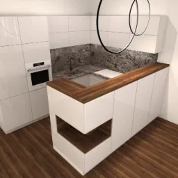 Wizualizacja kuchni z białymi, lakierowanymi szafkami, drewnianym blatem i marmurowym backsplash'em, oświetlona nowoczesną lampą wiszącą z okrągłymi elementami.