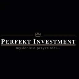 Logo firmy Perfekt Investment z koroną nad nazwą, na czarnym tle, z hasłem 'myślenie o przyszłości...'