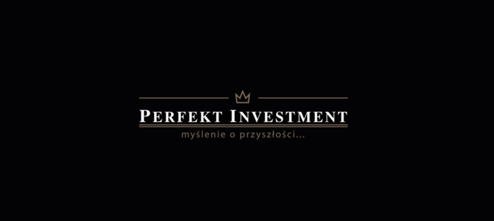 Logo firmy Perfekt Investment z koroną nad nazwą, na czarnym tle, z hasłem 'myślenie o przyszłości...'