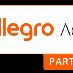 Logo Allegro Ads z dopiskiem 'Partner' w prawym dolnym rogu, na białym tle z zaokrąglonymi rogami, umieszczone centralnie na czarnym tle.