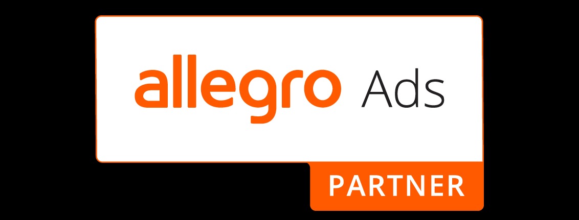 Logo Allegro Ads z dopiskiem 'Partner' w prawym dolnym rogu, na białym tle z zaokrąglonymi rogami, umieszczone centralnie na czarnym tle.