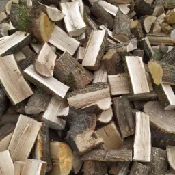 Stos pociętego drewna kominkowego z widoczną korą i jasnym drewnem, na jednym z kawałków pomarańczowy numer identyfikacyjny.