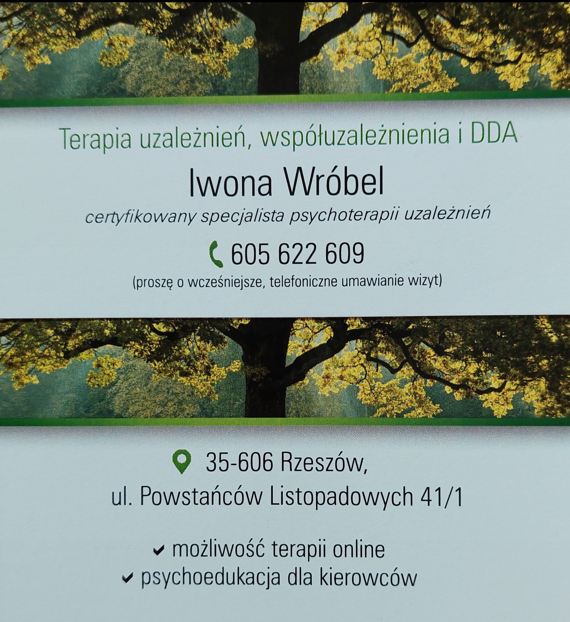 Wizytówka Iwony Wróbel, certyfikowanego specjalisty psychoterapii uzależnień, z adresem w Rzeszowie i informacją o terapii online oraz psychoedukacji dla kierowców, na tle grafiki z drzewem.