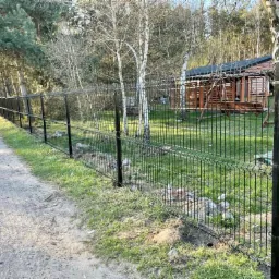 Nowoczesne, czarne ogrodzenie panelowe 3D, widok z boku wzdłuż ścieżki, z widocznym domkiem letniskowym w tle.