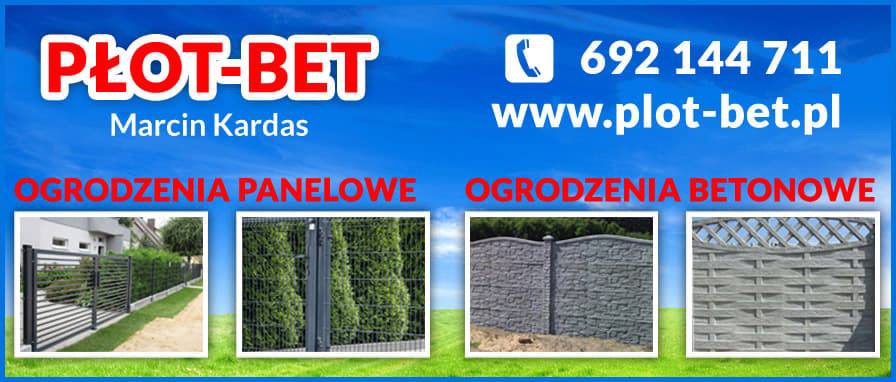 Reklama firmy Płot-Bet prezentująca przykłady realizacji: nowoczesne poziome przęsła, siatka z zielonymi tujami, imitacja kamienia oraz plecionka z betonu, na błękitnym tle z numerem telefonu...
