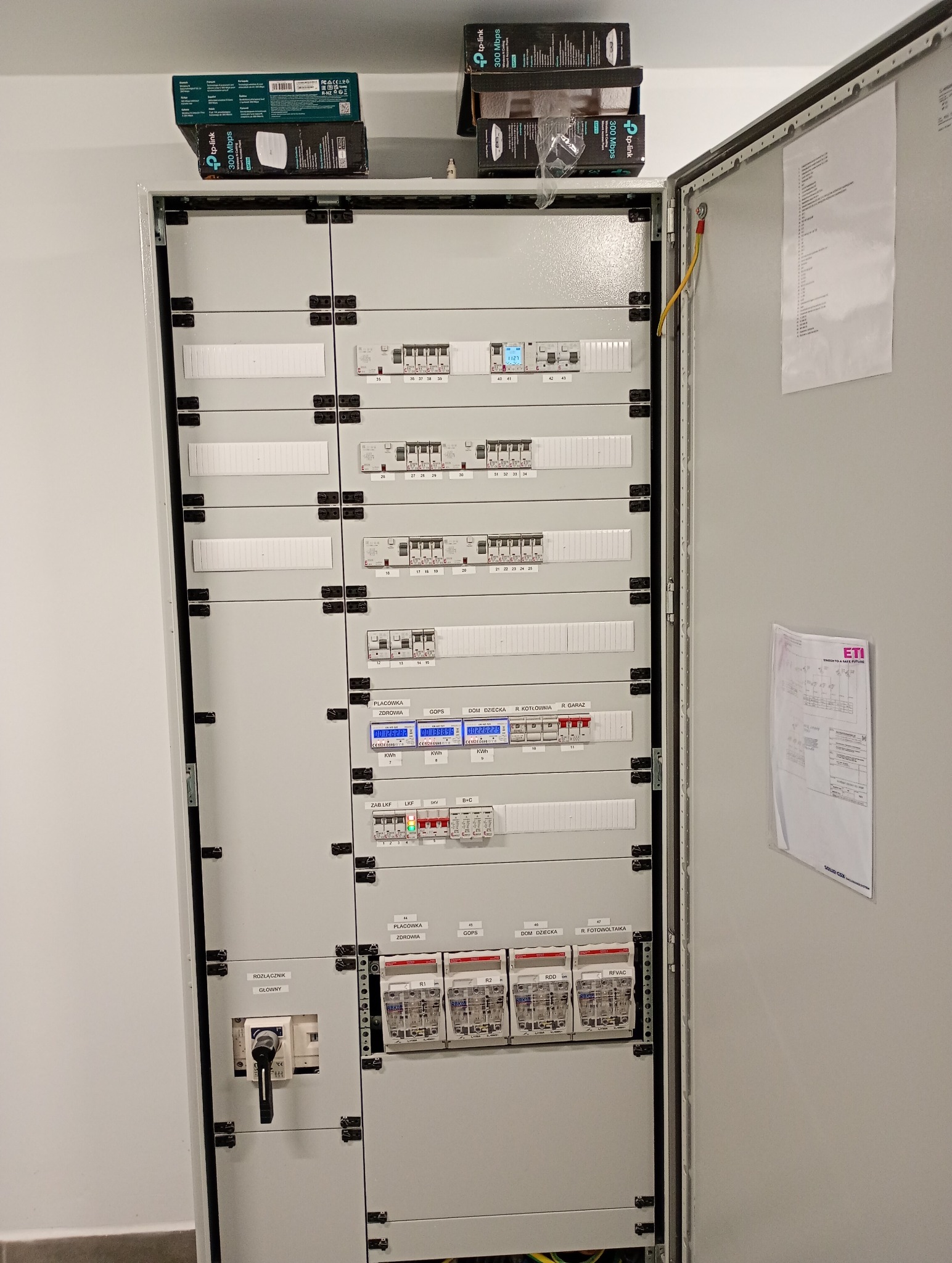 Otwarta szafa elektryczna z widocznymi bezpiecznikami, rozłącznikami i licznikami energii, nad nią pudełka po routerach TP-Link, po prawej dokumentacja techniczna wewnątrz drzwi.
