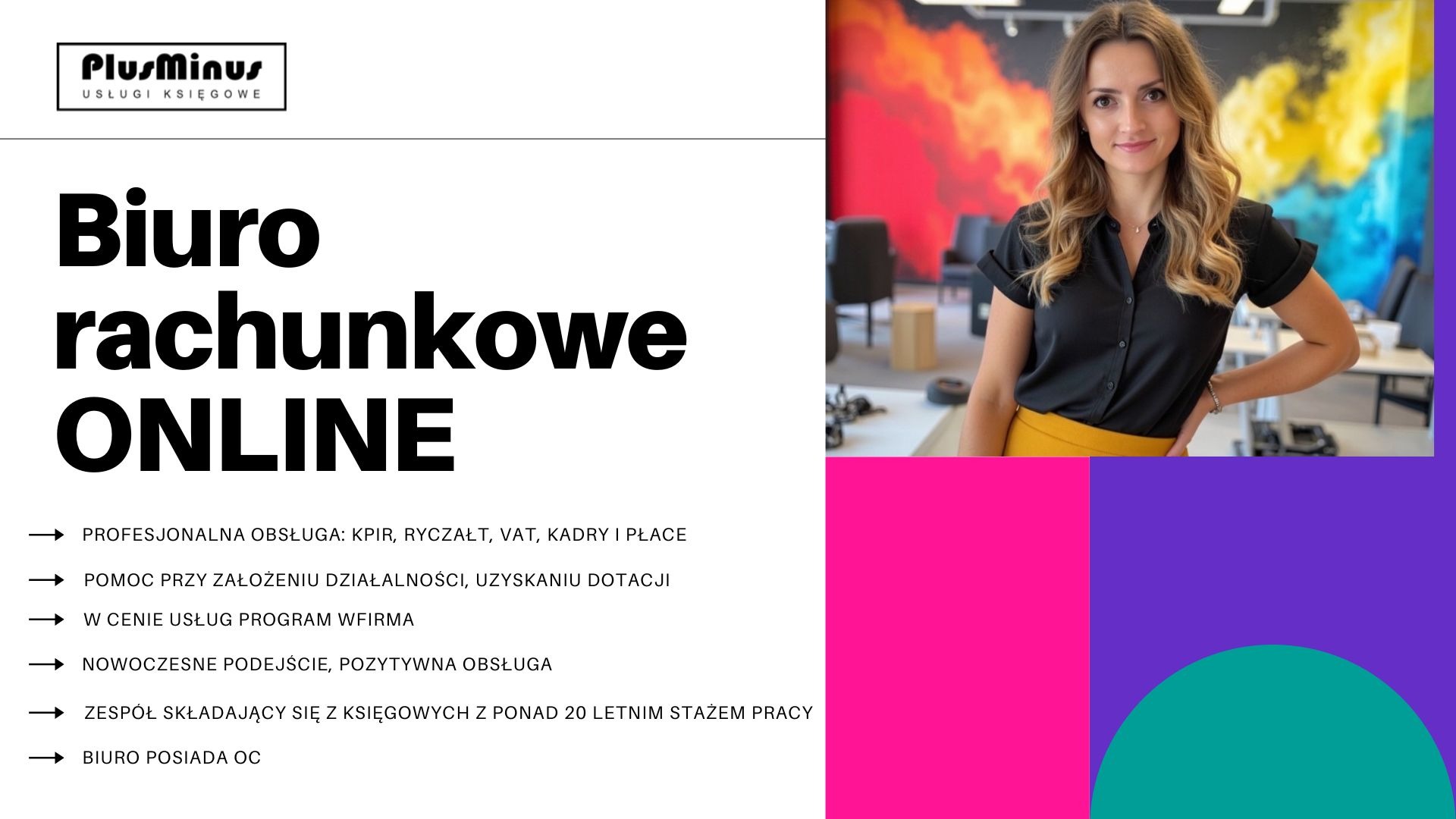 Zdjęcie reklamowe biura rachunkowego online z uśmiechniętą kobietą na tle kolorowej ściany w biurze.
