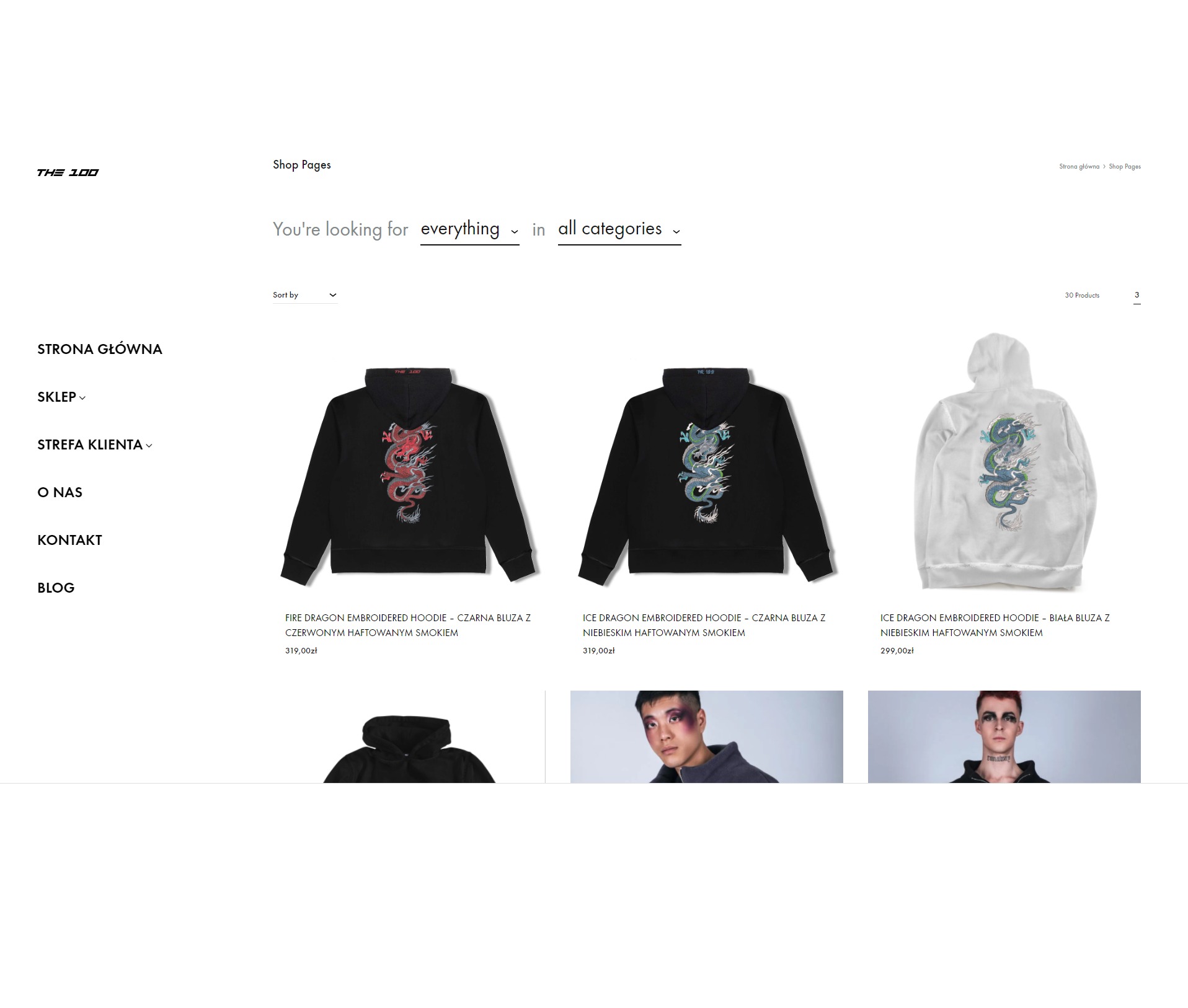 Widok strony internetowej sklepu odzieżowego z bluzami z kapturem z haftowanym motywem smoka w kolorach czerwonym, niebieskim i białym.