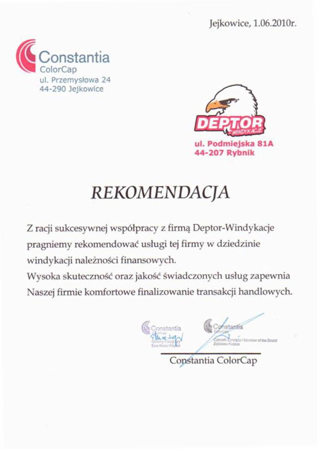 Skan dokumentu z rekomendacją usług windykacyjnych firmy Deptor-Windykacje przez Constantia ColorCap, z datą 1.06.2010 i logotypami obu firm.