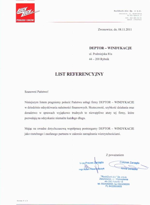 Skan listu referencyjnego firmy DEPTOR z Rybnika, polecającego usługi w zakresie odzyskiwania należności finansowych, z podpisami V-ce Prezesa Zarządu i Członka Zarządu.