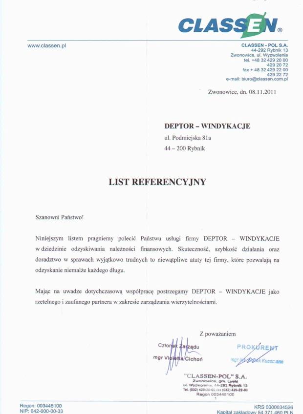 Skan listu referencyjnego firmy DEPTOR - WINDYKACJE z Rybnika, polecającego usługi odzyskiwania należności finansowych, z adresami, numerami telefonów i podpisami członków zarządu.