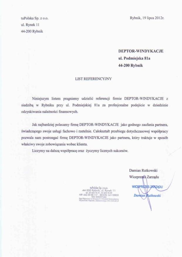 Skan listu referencyjnego dla firmy DEPTOR-WINDYKACJE z Rybnika, potwierdzający profesjonalne podejście w odzyskiwaniu należności finansowych, z datą 19 lipca 2012 roku.
