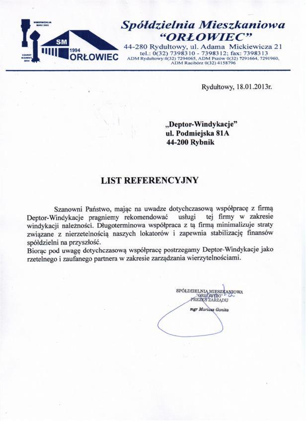 Skan listu referencyjnego dla firmy Deptor-Windykacje od Spółdzielni Mieszkaniowej 'Orłowiec', potwierdzający efektywną współpracę w zakresie windykacji należności.