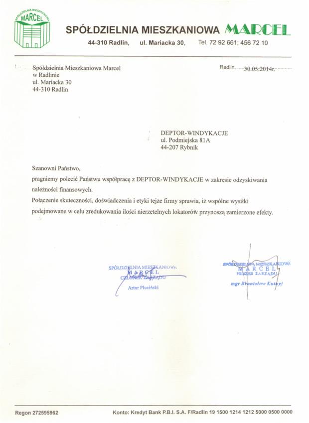 Skan pisma Spółdzielni Mieszkaniowej Marcel polecającego współpracę z firmą DEPTOR-WINDYKACJE w zakresie odzyskiwania należności finansowych, z pieczątkami i podpisami Artura Plucińskiego i mgr...
