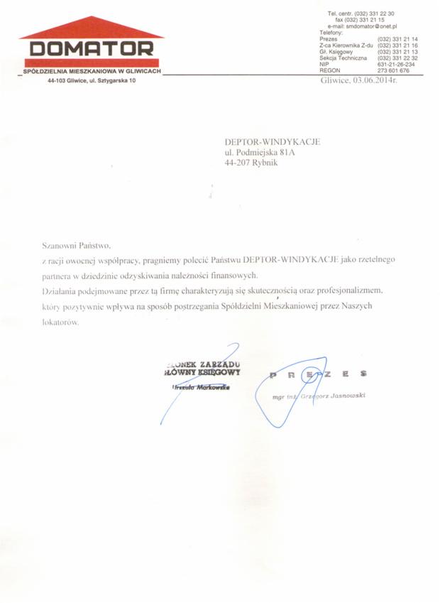 Skan pisma polecającego firmę DEPTOR-WINDYKACJE z pieczątkami i podpisami członka zarządu i prezesa, skierowanego do spółdzielni mieszkaniowej w Gliwicach.