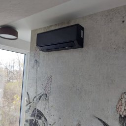 NOVA KLIMATYZACJE - Czarny klimatyzator ścienny na tle ściany z motywem roślinnym, widok z dołu. Obok okno z widokiem na drzewa. Nowoczesny design, minimalistyczny styl.