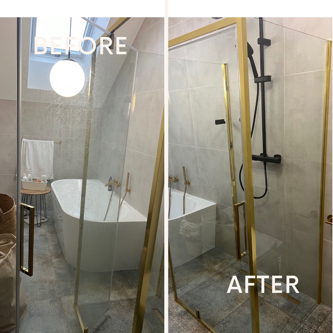 Porównanie kabiny prysznicowej przed i po czyszczeniu: po lewej stronie widoczne zacieki i osad, po prawej lśniąca czystość, złote wykończenia kabiny.