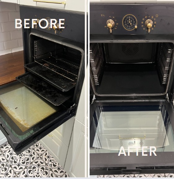 Porównanie piekarnika przed i po czyszczeniu: widoczne zabrudzenia na ruszcie i blasze przed, a lśniąca czystość po zabiegu, na tle wzorzystej podłogi.