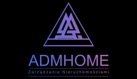 Logo firmy ADMHOME z geometrycznym symbolem trójkąta i napisem 'Zarządzanie Nieruchomościami' w odcieniach fioletu i niebieskiego na czarnym tle.