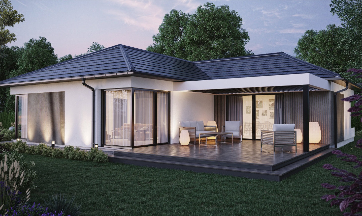 Nowoczesny dom jednorodzinny z tarasem i dużymi przeszkleniami, widok z zewnątrz na zadbany trawnik i zieleń.