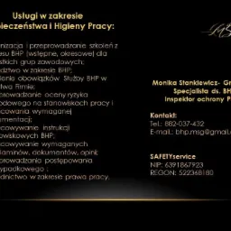Czarno-złota grafika reklamowa usług BHP i PPOŻ, z listą oferowanych usług, danymi kontaktowymi i logo firmy MSG.