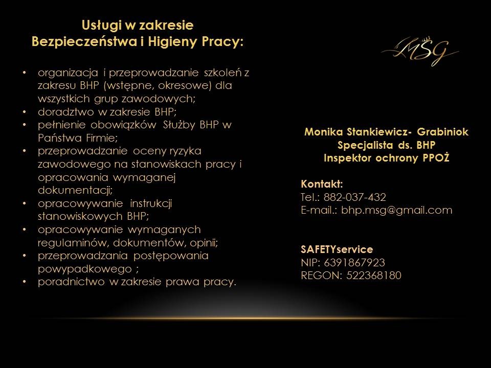 Czarno-złota grafika reklamowa usług BHP i PPOŻ, z listą oferowanych usług, danymi kontaktowymi i logo firmy MSG.