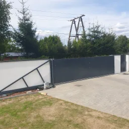 Nowoczesna przesuwna brama w kolorze antracytowym z automatyką, widoczna od strony podjazdu z kostki brukowej, w tle wysokie drzewa i słup energetyczny.