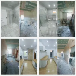 Kolaż zdjęć przedstawiających etapy prac remontowych: łazienka z kabiną prysznicową przed i po; kuchnia z białymi szafkami i drewnianym blatem przed i po; ściany przygotowane do malowania...