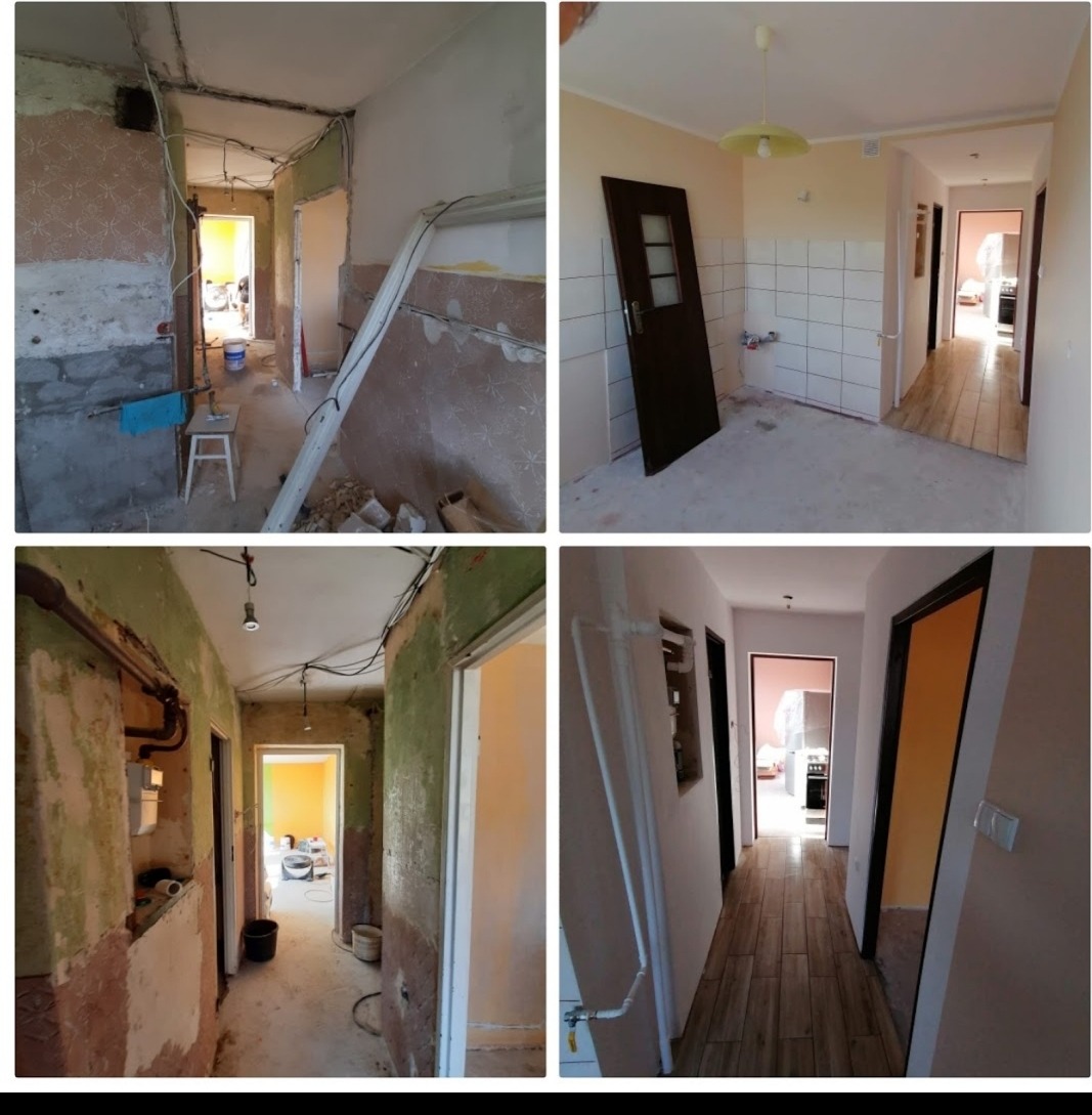 Cztery ujęcia korytarza w trakcie remontu: widoczne ściany częściowo przygotowane do malowania, surowe instalacje, fragmenty starej tapety, oraz korytarz po ukończonym remoncie z nową podłogą...