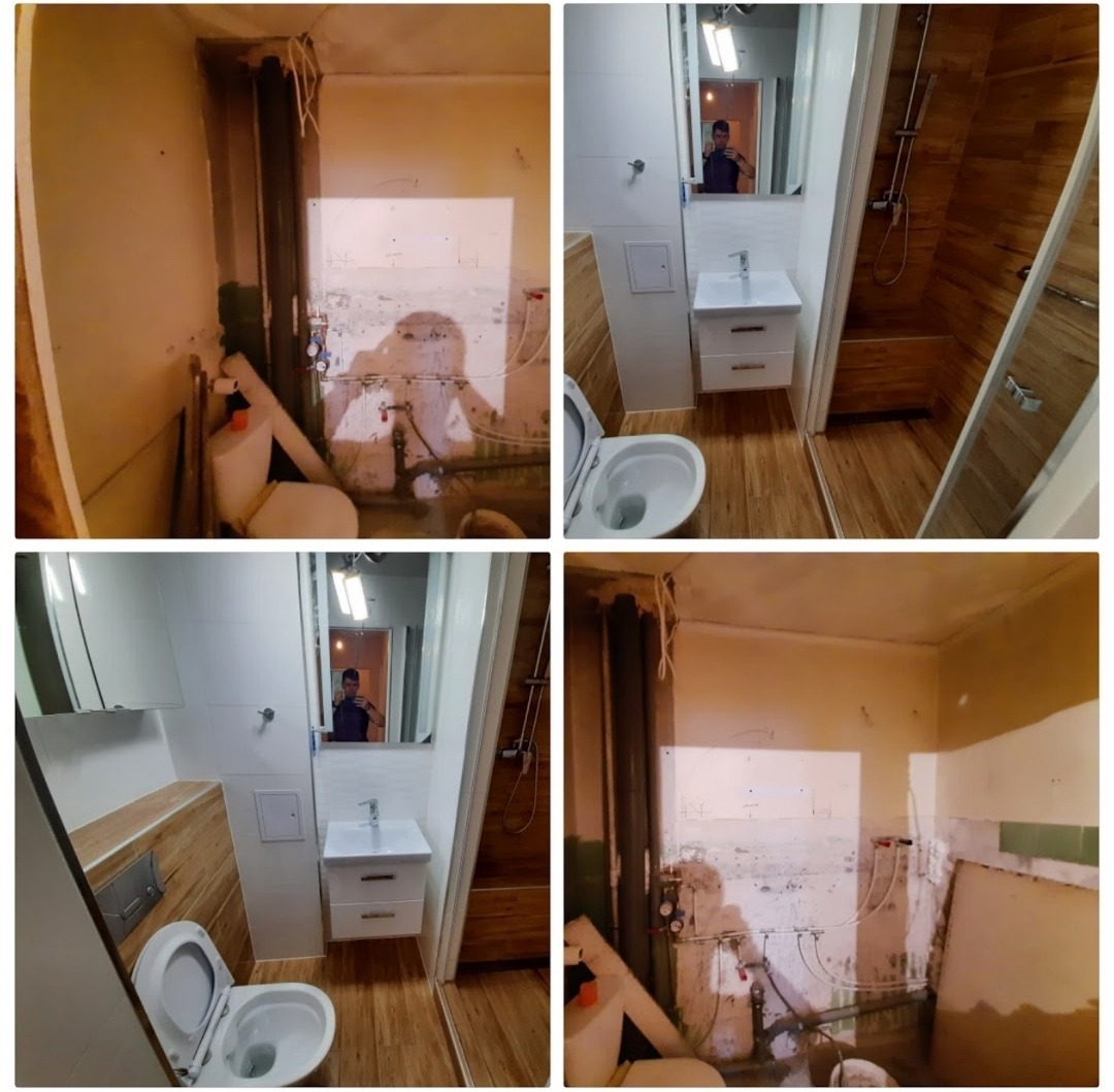 Kolaż czterech zdjęć przedstawiających remont łazienki: stan przed remontem z widocznymi instalacjami i zniszczonymi ścianami oraz stan po remoncie z nową kabiną prysznicową wykończoną drewnem...