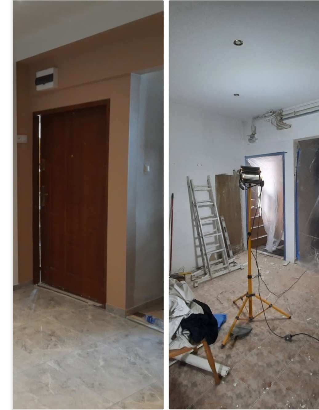 Dwuczęściowe zdjęcie przedstawia: po lewej stronie brązowe drzwi w beżowej futrynie na marmurowej podłodze; po prawej: pokój w trakcie remontu z drabiną, lampą na statywie i zabezpieczonym wejściem...