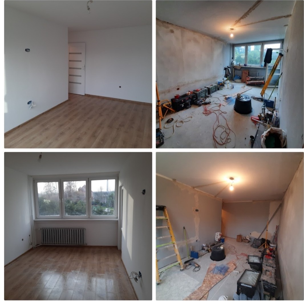 Kolaż przedstawiający pokój przed i po remoncie: widok na świeżo położone panele podłogowe i pomalowane ściany w jednym pokoju, w kontraście do stanu surowego z widocznymi śladami prac remontowych,...